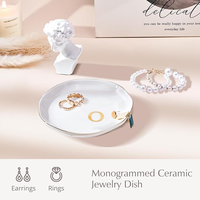 ProCase Ceramic Jewelry Tray, Initial Ring Dish Trinket Plate Engagement Gift, Small Personalized Monogram Ring Bowl for Wedding, White Decorative Jewelry Holder for Women Vanity -Letter O