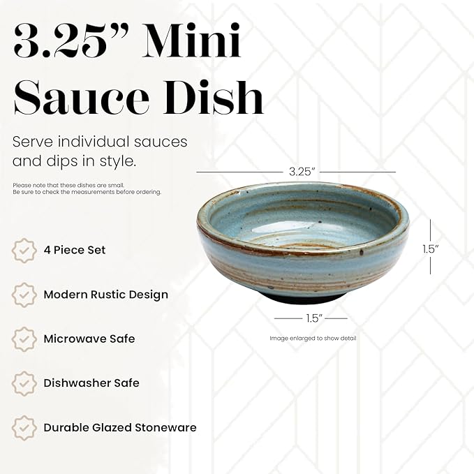 Vikko Modern Stoneware Dip Dishes, Set of 4 Mini Bowls, 3"" Dish for Dips, Charcuterie Boards, Condiments, Microwave and Dishwasher Safe, Earthtones, Light Blue/Brown Rim
