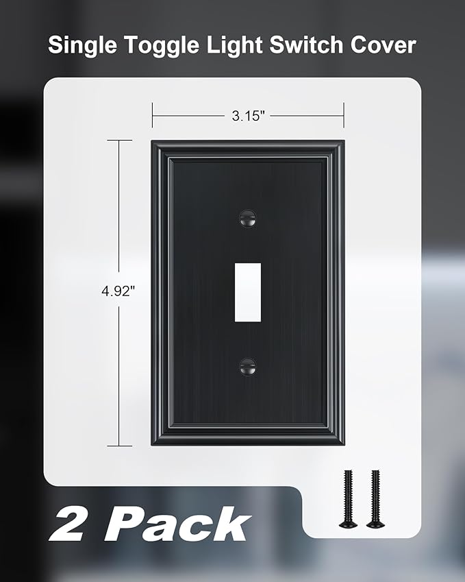 2-Pack Single Toggle Light Switch Cover Plate, Durable Solid Zinc Alloy Decorative Switch Plate Covers, Black 1 Gang Wall Plate, Corrosion Resistant