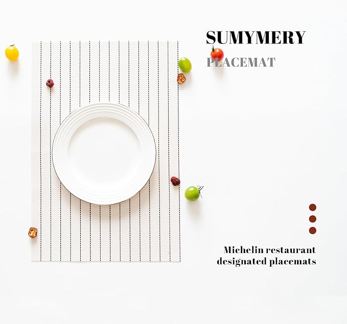Placemats Set of 4 Vinyl/Plastic Woven Place Mats for Kitchen Table Indoor/Outdoor Washable Placemat Wipeable Dining Table Mats (White Stripes,4)