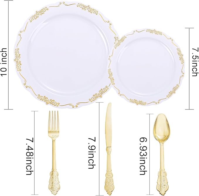 DaYammi 150Pcs White Gold Plastic Plates & Plastic Silverware, Gold Disposable Plates for Party Include 30 Dinner Plate, 30 Dessert Plate, 30 Knives, 30 Forks, 30 Spoons for Party Wedding