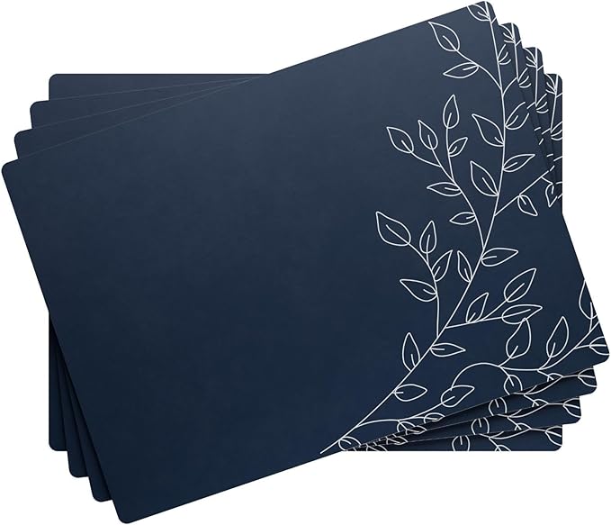 Royalty Art Navy Blue Boho Placemats, 4 Pc. Set, Non-Slip Cork Backed, Wipeable Heat Resistant Surface for Kitchen and Dining Table Protection, Cute Floral Pattern for Farmhouse or Rustic Decor