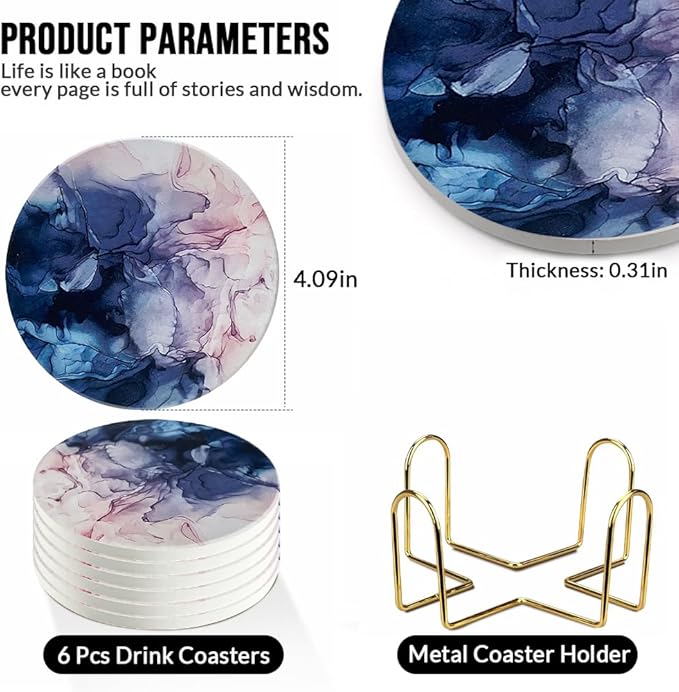 Ceramic Coasters Set of 6, Marble-Textured Design with Holder - Absorbent Cork-Backed Coasters for Cups, Bar & Coffee Table Decor Accessories (Blue-Pink Gradient, 6 Pack)