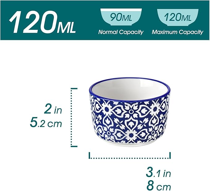 vancasso Selene 4 oz Mini Ceramic Ramekins Set of 6, Oven-Safe Baking Cups for Crème Brûlée, Soufflés, Desserts, Handcrafted Blue and White Patterns