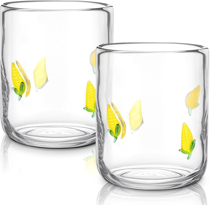 Icon Juice Glasses, 14oz Stemless Wine Drinking Juice Glass Cup for Valentine Party Supplies Gift(2 Pcs,Corn)