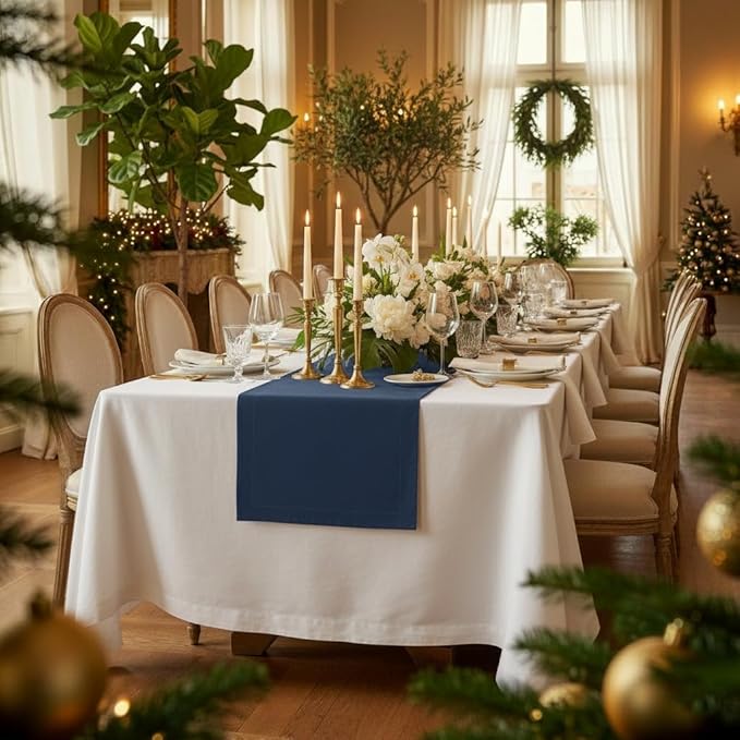 D'Moksha Homes Linen Table Runner 36 Inches - 100% Pure Linen Navy Blue Small Table Runner 14 x 36 Inch for Dresser, Coffee Tables, Easter - Machine Washable