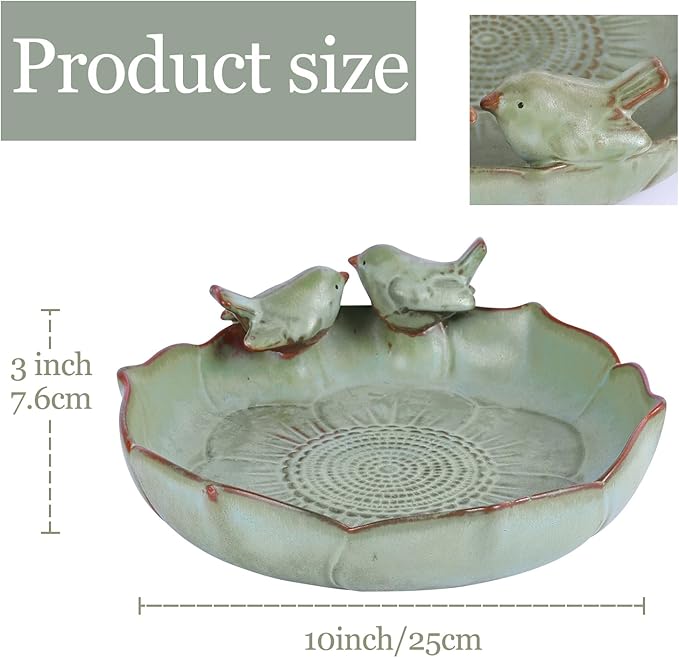 Ceramic Bird Bath Bowl with Perched Birds - Premium Outdoor Tabletop Birdbath Basin in Weather-Resistant Glaze - Usable on Ground, Deck or Tabletop
