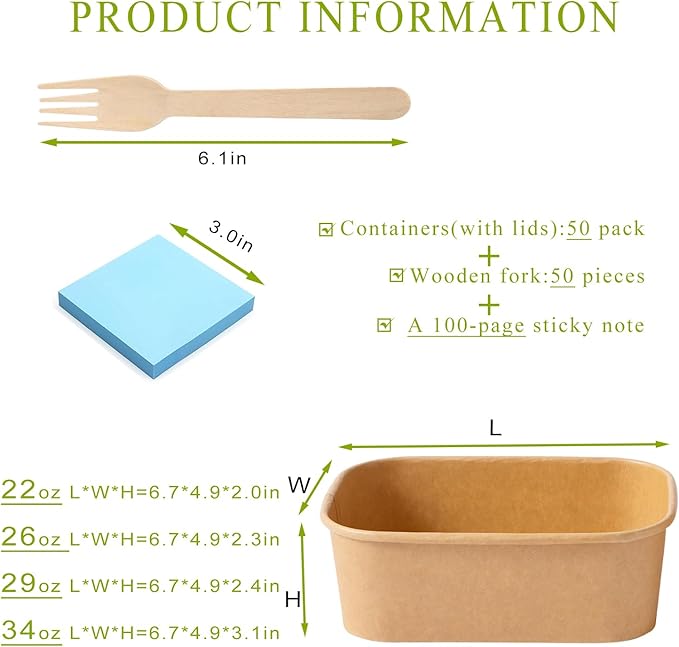 50-Pack 34oz Kraft Paper Bowls Disposable with Lids and Wooden Forks, Disposable Meal Prep Containers Paper Food Prep Containers with Lids, To Go Container for Hot Soup/Salad, Freezer & Microwave Safe