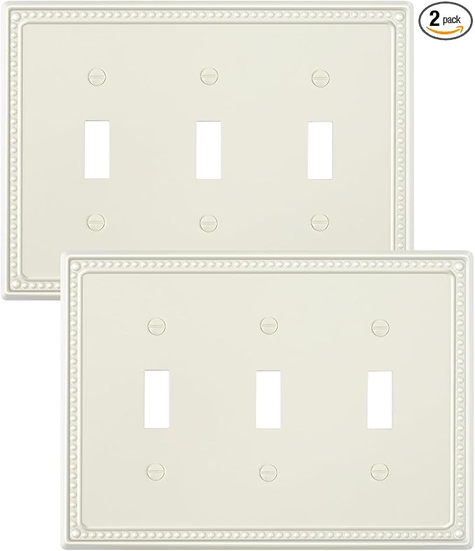 2-Pack Triple Toggle Light Switch Cover Plate, Pearls Decorative Switch Plate Covers, Light Almond 3 Gang Metal Wall Plate, Corrosion Resistant