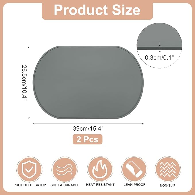 uxcell 2 Pcs Oval Silicone Placemat, 15.4" x 10.4" Non-Slip Washable Table Placemats Heat Resistant Waterproof Mat with High Edge for Table Kitchen Desk Protection, Dark Gray