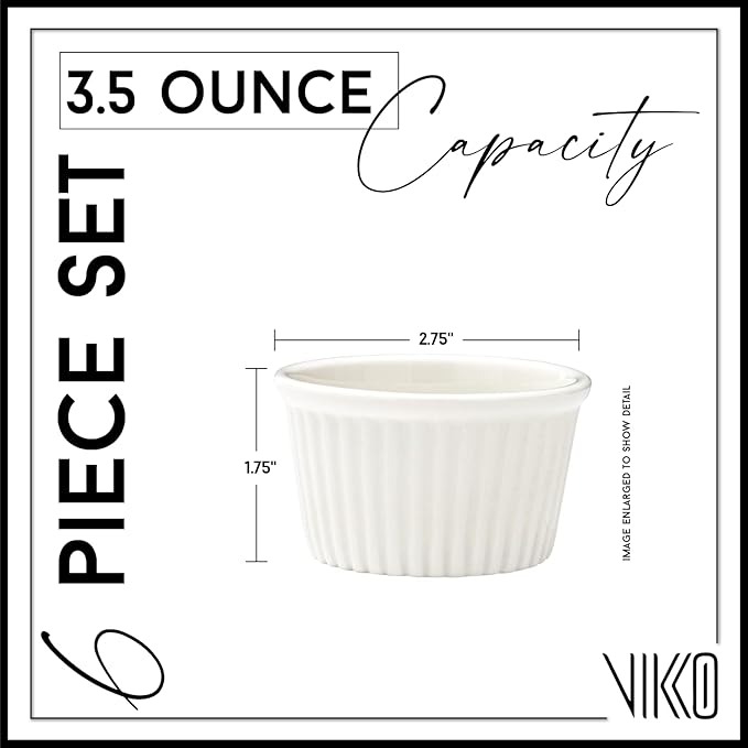 Vikko White Ramekin, Set of 6 Fine Porcelain Ramekins, Stackable 3 Inch Bowls, 3.5 Ounce Dips Dish, Dishwasher Safe