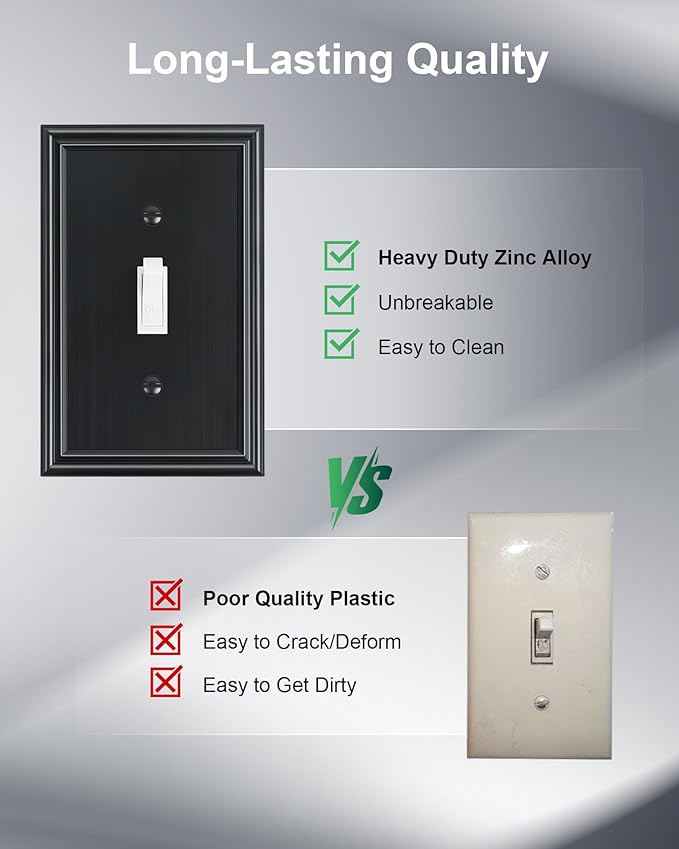 2-Pack Single Toggle Light Switch Cover Plate, Durable Solid Zinc Alloy Decorative Switch Plate Covers, Black 1 Gang Wall Plate, Corrosion Resistant