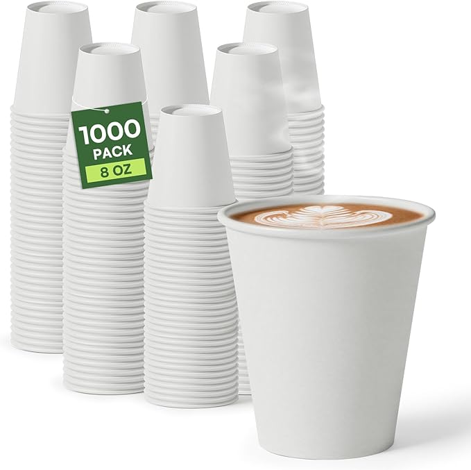 Paper Cups 8 oz Disposable Coffee Cups, 1000 Pack Thickened Disposable Hot Cups, 300GSM BPA Free Small Disposable Cups, White Paper Cups Bulk for Home Office Cafe Coffee Bar Supplies Party Essentials