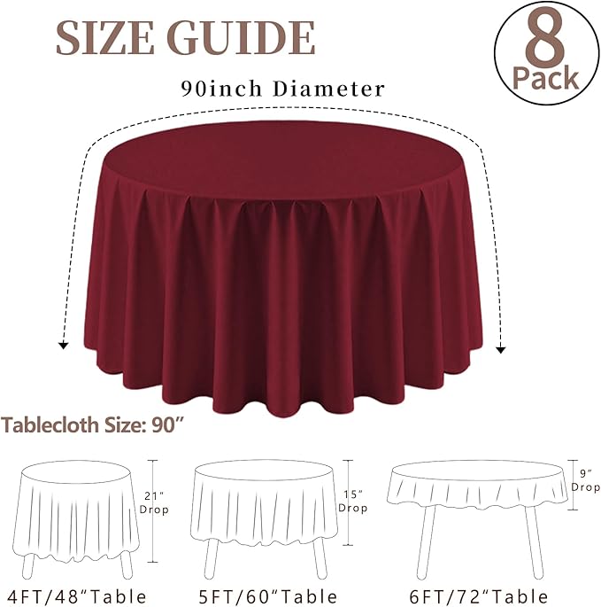 8 Pack Round Tablecloth 90 Inch Burgundy Tablecloth for Valentine’s Day Round Tables, Washable Polyester Table Cloth Stain and Wrinkle Resistant Decorative Table Cover for Wedding Party Dining Banquet