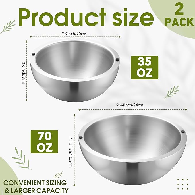 Honeydak 2 Pack 35 oz 70 oz Dip Chiller Bowl Stainless Steel Double Walled Insulated Ice Serving Bowl for Parties Salsa, Guacamole, Condiments, Sauces, Salad & Food Hot or Cold