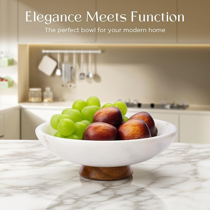 White Marble Fruit Bowl with Acacia Wood Pedestal, Large Decorative Footed Bowl, Natural Stone Centerpiece for Kitchen Counter, Entryway, Keys, Dining Table, House Warming Gifts New Home(11Inch)