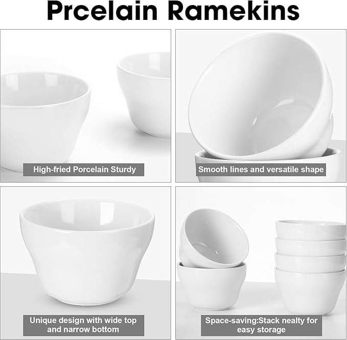 Suclain 24 Pack 8 oz Porcelain Bowls Set Porcelain Bouillon Cups Small Dessert Bowls Soup and Dip Bowls for Ice Cream Dessert Sauce Dipping Salads Cereal Rice, Microwave and Dishwasher Safe, White