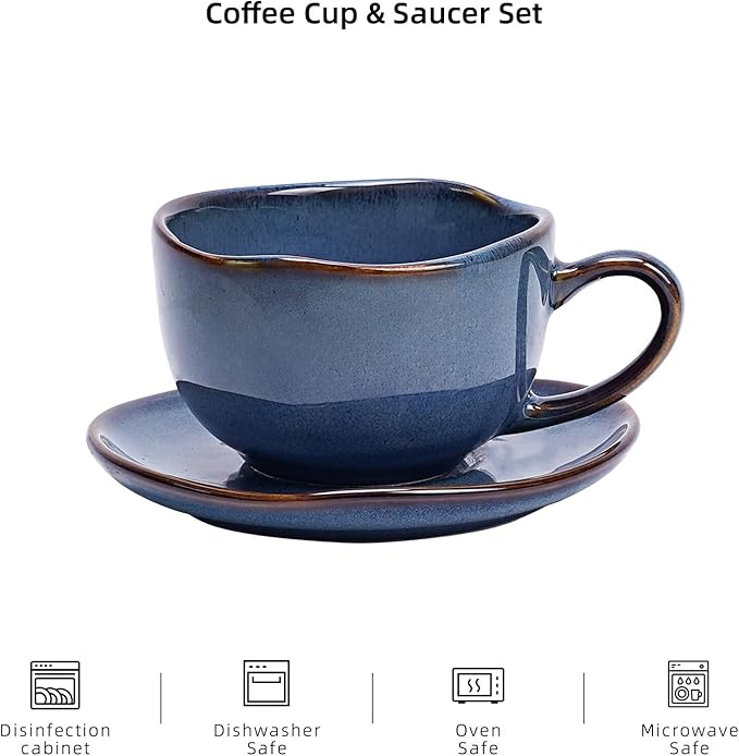 Organic Shape Highland Ceramic Coffee Cup and Saucer, 6pcs 8oz Handmade Reactive Glaze Saucer Sets with Wavy Edge, for Kitchen, Microwave & Dishwasher Safe, Scratch Resistant-Blue