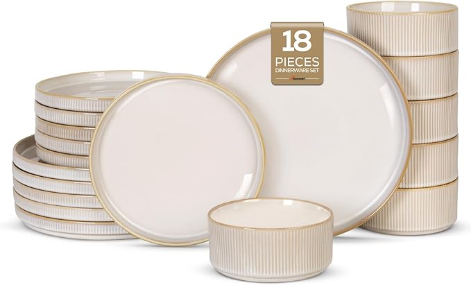 Romswi Stoneware 18Pcs Dinnerware Sets, Ceramic Plates and Bowls Set for 6, Chip & Scratch Resistant Ribbed Dish Set, Handmade Reactive Glaze, Oven, Microwave & Dishwasher Safe, Cappuccino White