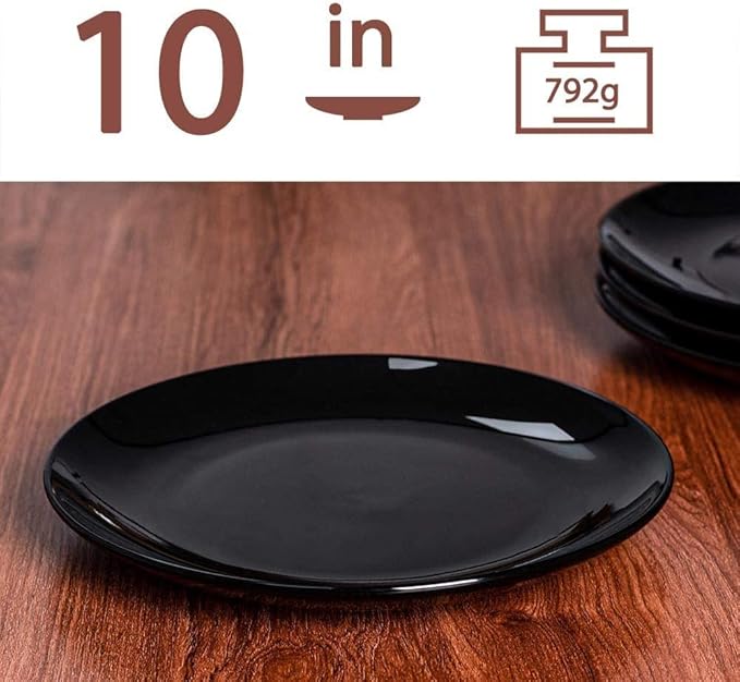 DELLING Dinner Plates Set of 6, 10 inch Ceramic Plates - Microwave, Oven, and Dishwasher Safe, Scratch Resistant - Modern Dinnerware Dish Set for Kitchen Serving - Black