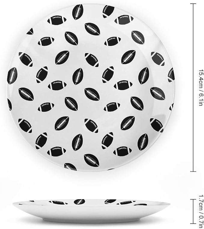 Ceramic Plates, American Football Decorative Ceramic Plates, Monochrome Pattern Black Rugby Balls Sports, 6 Inch, for Dining, Parties, Wedding, Black White