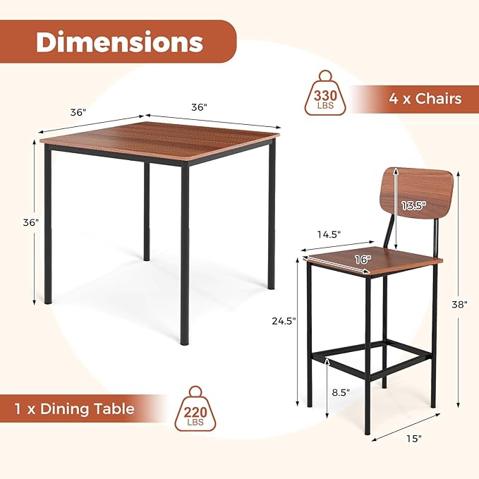 COSTWAY Dining Table Set for 4, 5-Piece Square Kitchen Nook Dinette Set with 4 Bar Stools with Footrest, Backrest, Space-Saving Design, Industrial Kitchen Table and Chairs for Apartment, Walnut