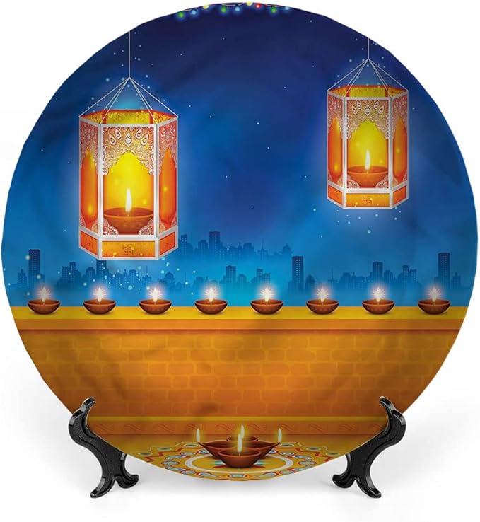 Decorative Plates, Diwali Print Ornament, Diwali Night Candles, 7 Inch, 1 Plate with 1 Display Stand, Multicolor