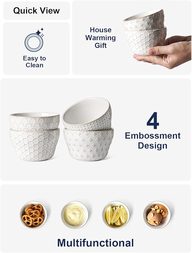 LE TAUCI Small Bowls 8 oz, Dessert Bowl, Ice Cream Bowl for Chili Dipping Sauce Coffee Bouillon, Ceramic Soup Cups - 4 inch, Set of 4, Arctic White