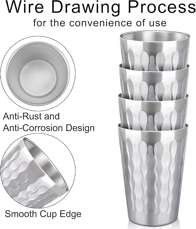 Beasea Stainless Steel Cups 15 oz, 8 Pack Large Stackable Stainless Steel Tumbler Bulk Double Wall Insulated Metal Pint Glasses Tin Cups for Drinking Home Restaurant Office Party Camping