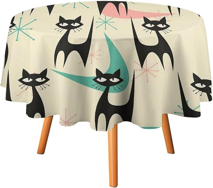 Mid Century Colorful Modern Cat Round Tablecloth, Medieval Bohemian Abstract Animal Tablecloth for Home Party Dining Room Kitchen Decor 50Inch(127cm)