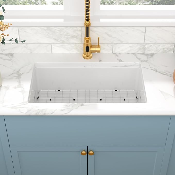 Sarlai 30 Inch White Undermount Sink Fireclay 30x18 Inch White Kitchen Sink Dual Drop in & Undermount Kitchen Sinks Single Bowl Deep Porcelain Ceramic Basin