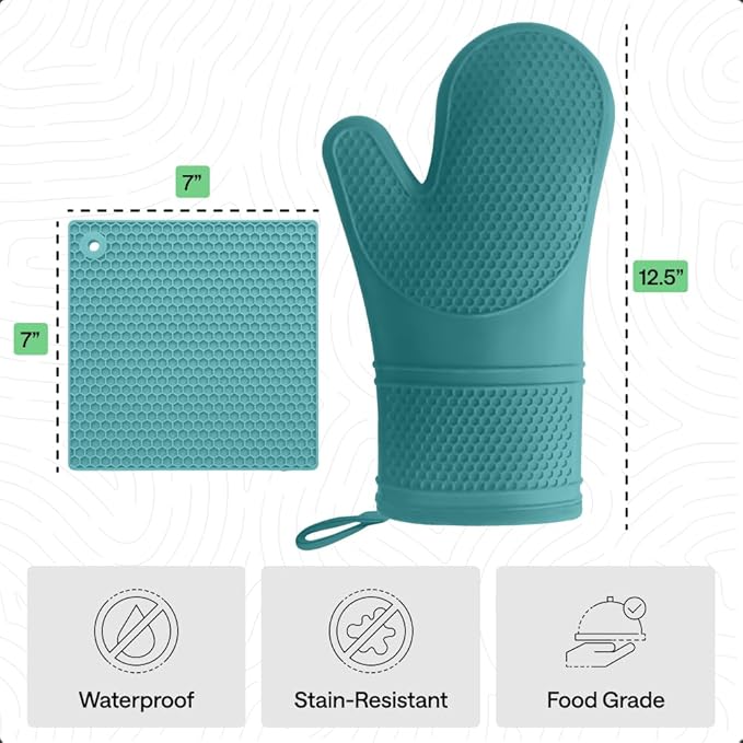 GORILLA GRIP BPA-Free Soft Silicone Oven Mitts and Pot Holders Sets, Heat Resistant Waterproof Cooking Gloves, Thick Cotton Lining, Flexible Gripping for Baking Grilling, Kitchen Trivets, Turquoise
