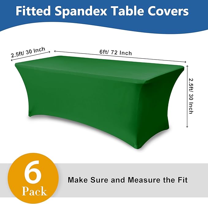 Stretch Table Cover for 6 Foot Rectangle Tables-6 Pack Green Spandex Fitted Tablecloth-Elastic 6ft Christmas Tablecloths for Party, Vendor Booth Display, Banquet Buffet, Craft Trade Show