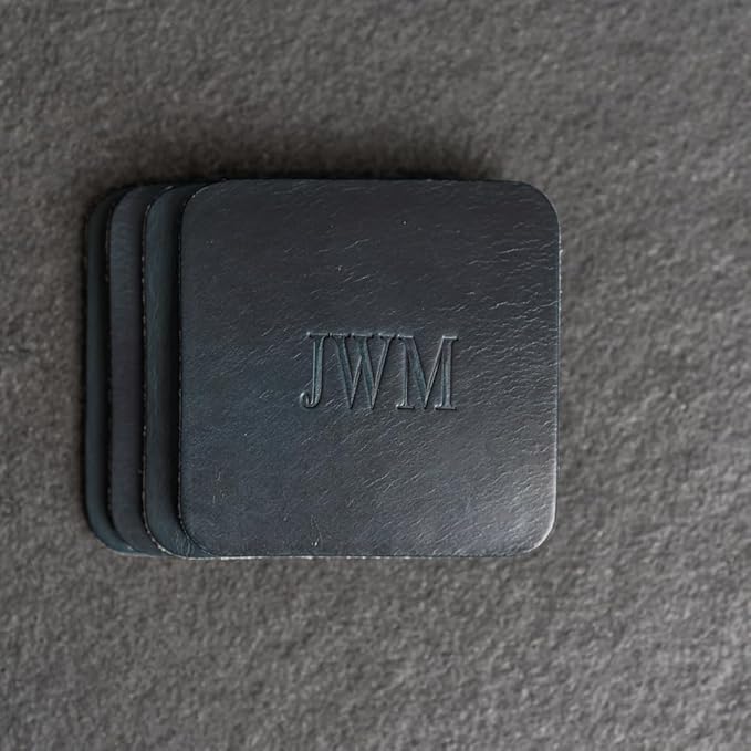 Ox & Pine Personalized Leather Coaster - Sold Individually or in Sets of 4 - Customize Inscription - 100% Full-Grain Leather – 4" Round or 4" Square (Square, Brown, Set of 4 Coasters)