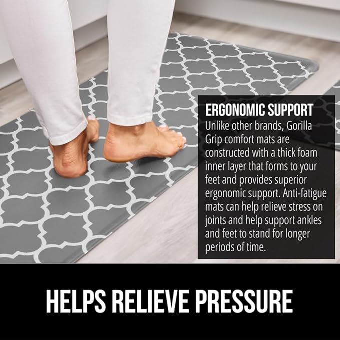GORILLA GRIP 2 Pack Comfortable Cushioned Kitchen Mats for Floor, 17x29 + 17x59, Waterproof, Stain Resistant, 1/2 Inch Thick Ergonomic Standing Desk Anti Fatigue Mat, Foam Supports Feet, Grey White