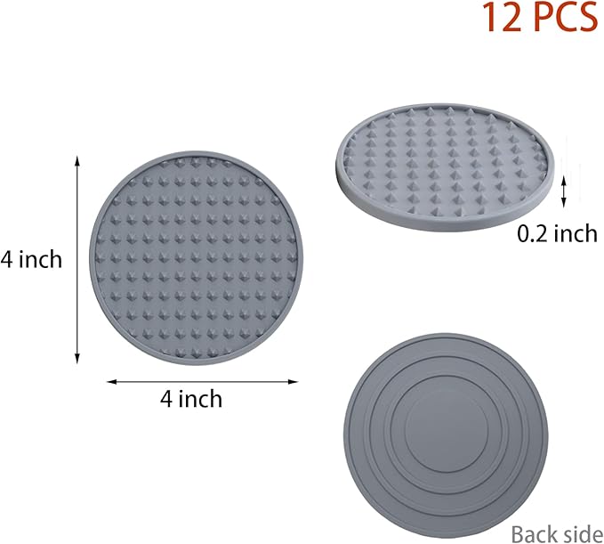 Set of 12 Silicone Coasters, 4'' Drink Coaster with Holder, Round Coasters for Drinks Beer Coffee Home Office Bar Desk Tabletop Protection, Non-Slip Rubber Coaster (Grey, 12 Pcs-Plastic Holder)