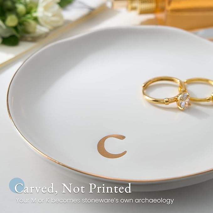 Lolalet Handmade Ceramic Ring Dish Jewelry Tray Plate with Initial, Small Monogram Gift for Her Women Girls Mother, Hostess, Engagement, Bridal Shower, Maid of Honor, Bridesmaid, Birthday, Christmas