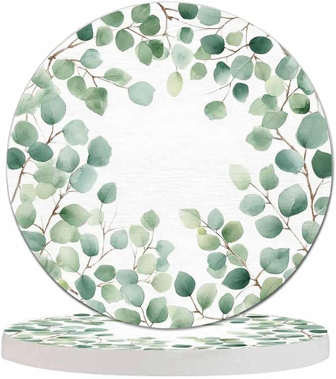 Eucalyptus Round Leaf Coasters Set for Wood Table Green Branches and Leaves Twig Natural Plant Foliage Tabletop Protection Mat for Mugs and Cups 4 Inch for Kitchen Office Home