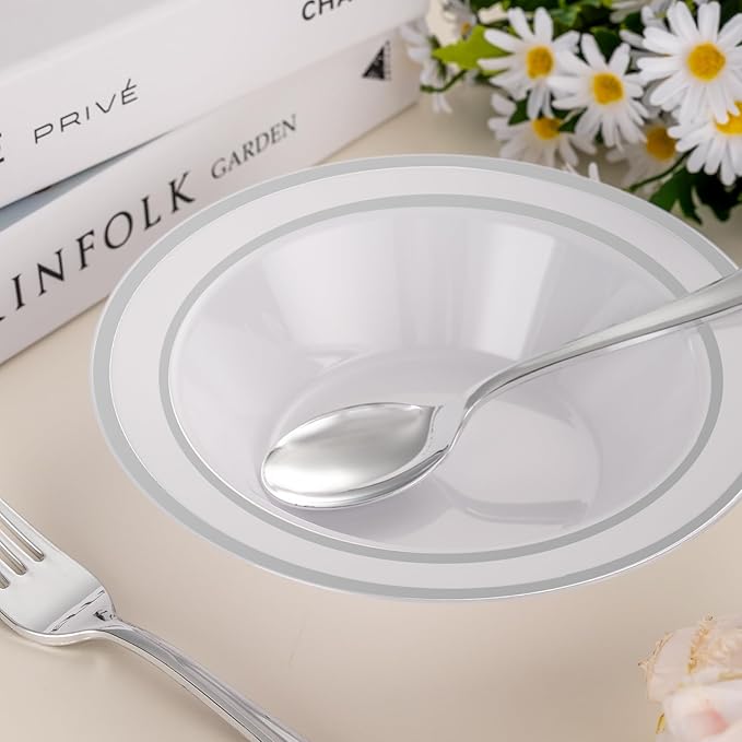 50pc Disposable Soup Bowls With Silver Rim,12oz Disposable Soup Bowls,Disposable Soup Dessert Salad Bowls for Wedding/Party/Catered Events