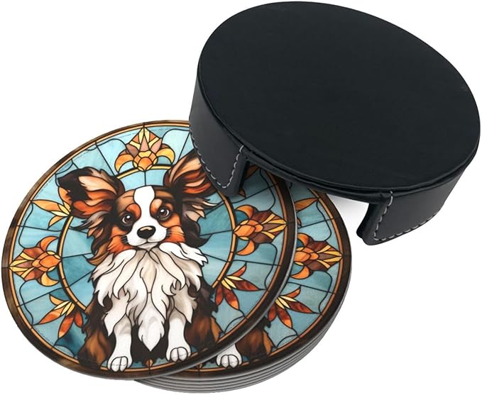 Drink Coaster Set of 6, Papillon Dog Mom Lover Gift,Leather Drink Coasters with Holder,6 Pack Cup/Bar/Drink Coasters for Table/Drinks/Coffee Protection Housewarming Gift