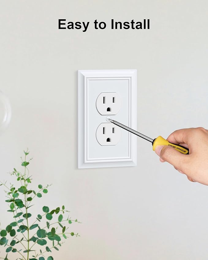 6-Pack Duplex Outlet Cover Plate, Decorative Pure White Switch Plates and Outlet Covers, Natural Bamboo Fiber Wall Plates for Electrical Outlets, 1 Gang Receptacle Cover, Corrosion Resistant