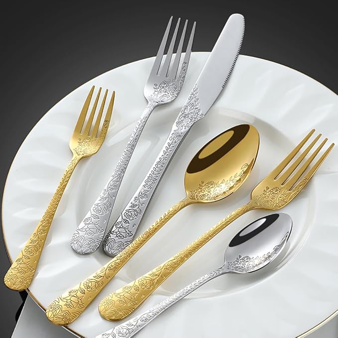 50-piece flowers TWEE Silverware Set for 10, Palace Style Stainless Steel Flatware Cutlery Serving Utensils, Eating Tableware for Home Kitchen Hotel Restaurant, Mirror Polished