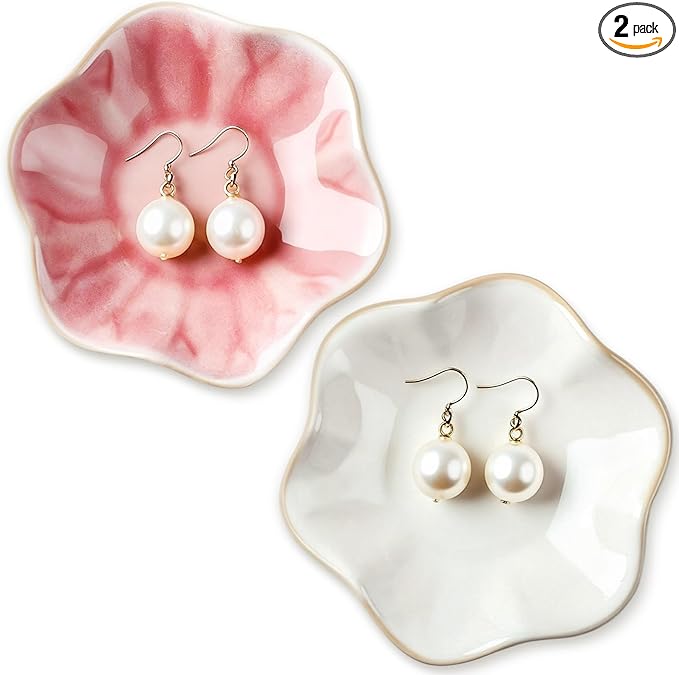 meekoo 2 Pcs Trinket Dishes for Jewelry Lotus Leaf Shape Ceramic Ring Holder Jewelry Tray Bowl Woman Gift for Mom Sister(Pink and White)
