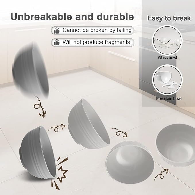 12 Pcs Unbreakable Cereal Bowls Set, 26 Oz Wheat Straw Bowls Set, Microwave & Dishwasher Safe Bowls for Kitchen, Reusable Plastic Bowls for Soup, Salad and Snack, BPA Free, Black