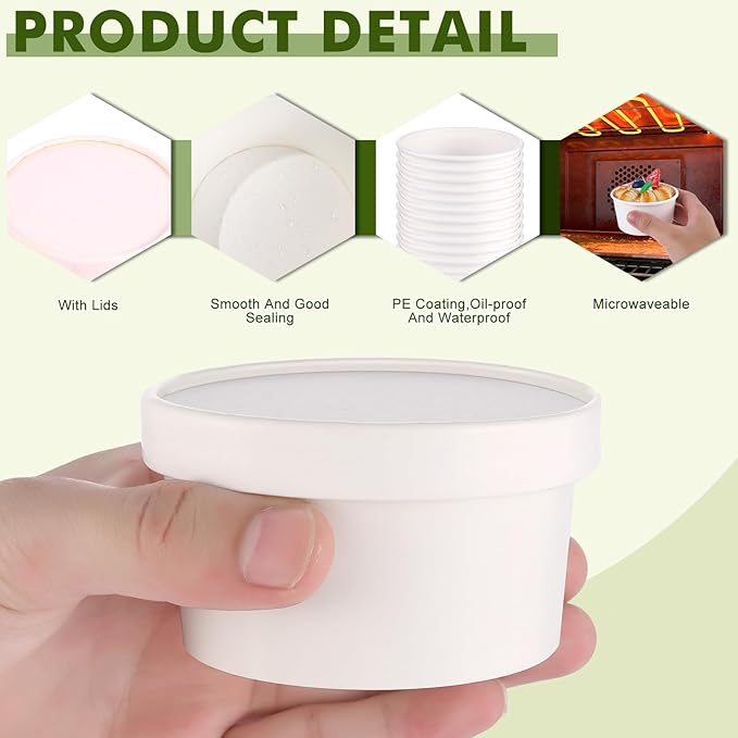 100 Pack 4 oz Disposable Soup Containers with Vented Lids, Kraft Soup Bowls Ice Cream Cups, White Paper Food Containers Microwavable and Freezer Safe for Hot Soup, Ice Cream (100 Pcs - White, 4 oz)