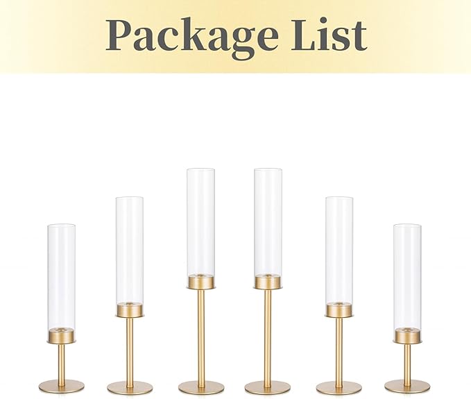 Hewory Gold Candle Holders - 6Pcs Brass Hurricane Candlestick Holders with Glass Candle Cover for Wedding Table Centerpiece Christmas Decor