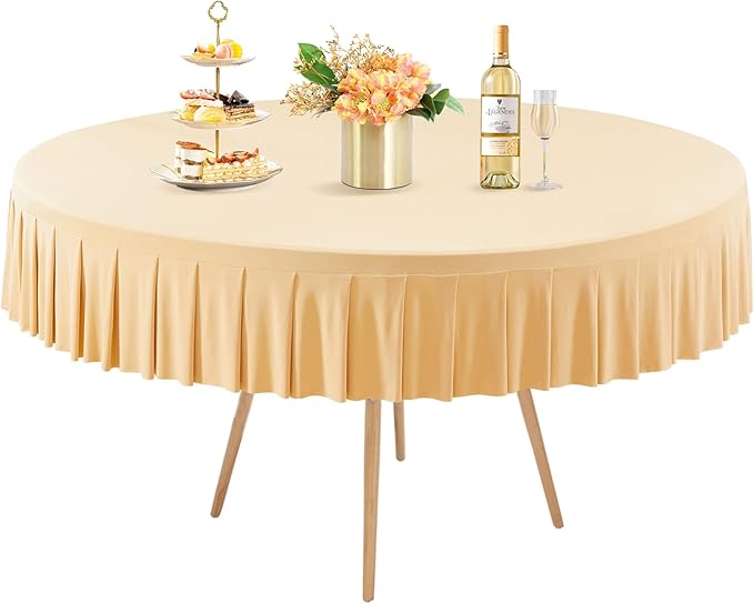 1 Pack Champagne Spandex Round Tablecloths for 72in Table, Stretchy Fitted 6FT Round Table Cloths, Wrinkle Free Table Cover with Skirt for Wedding Birthday Party Bridal Shower Banquet