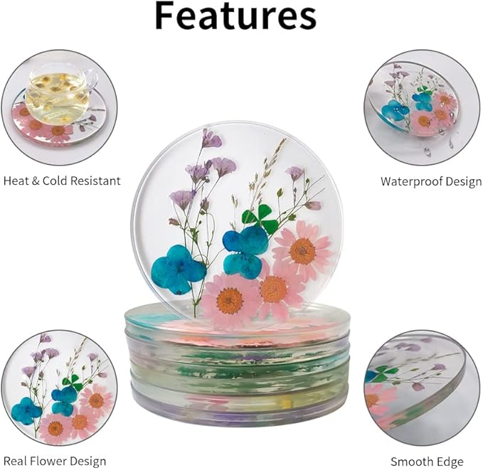 Drink Coasters Flower Cup Mat-Epoxy Resin Coasters with Colorful Natural Floral Reusable Round Kitchen Utensils for Dining Cups (Set of 4) (4, BD0001)