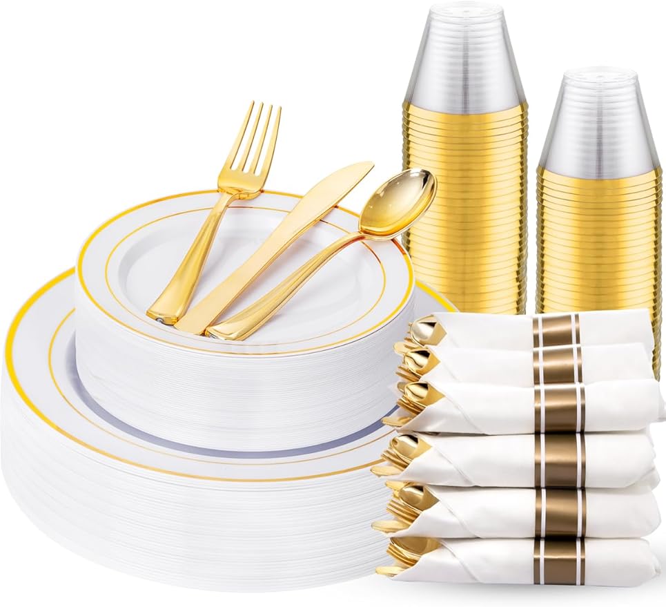 175PCS White and Gold Plastic Plates - Gold Plates with Rolled Napkins for Party - 25Guest Disposable Dinnerware Sets for Party/Wedding/Valentine's Day