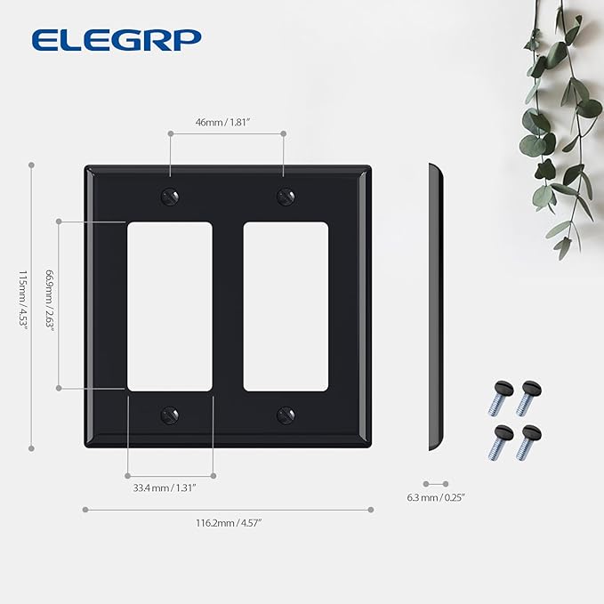 ELEGRP 2-Gang Decorative Wall Plates, Standard Size 4.53" H x 4.57" L Unbreakable Thermoplastic Faceplate Cover for Decorator Receptacle Outlet Switch, UL Listed (2 Pack, Glossy Black)